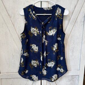 Talbots Floral Sleeveless Top Women’s Medium Tie Neck Navy Blue Blouse Office